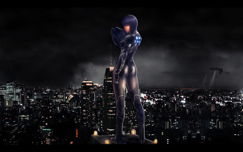 cybernetic woman over city