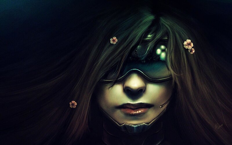 cybernetic woman with flowers