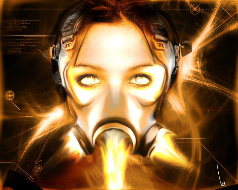 cybernetic woman with gas mask