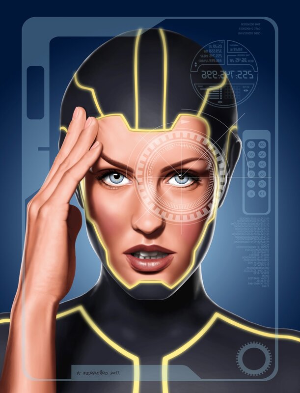 cybernetic woman with glowing lines