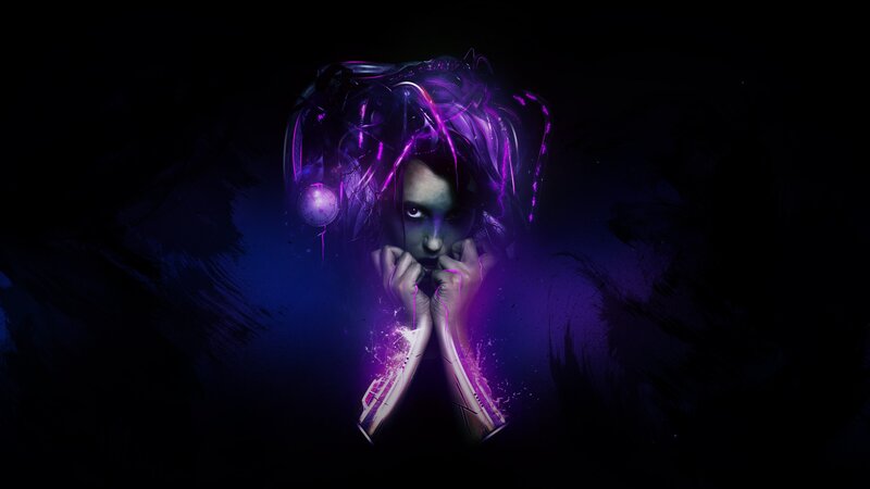 cybernetic woman with glowing purple hair