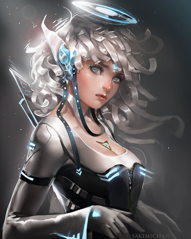 cybernetic woman with glowing tech