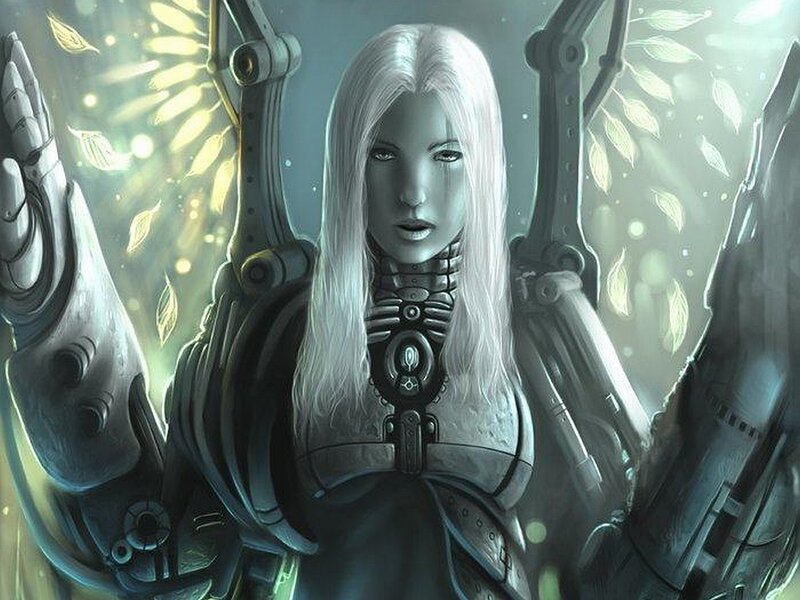 cybernetic woman with glowing wings