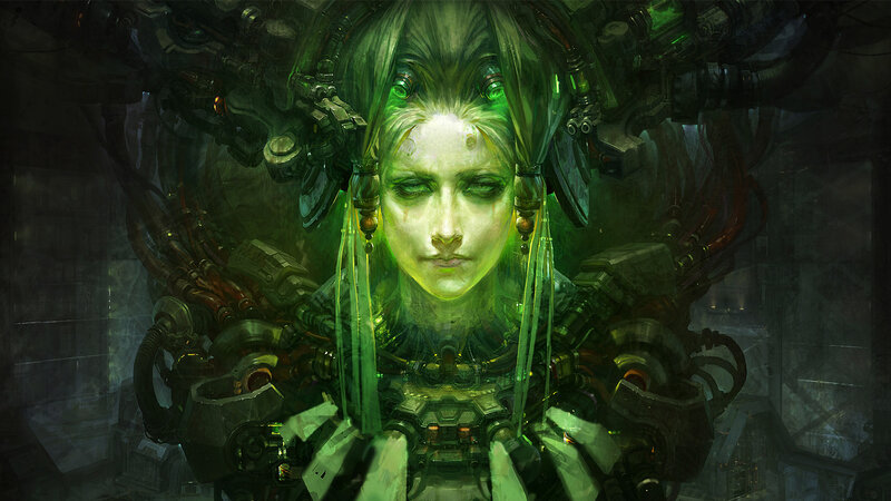 cybernetic woman with green glow