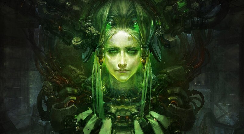 cybernetic woman with green glow