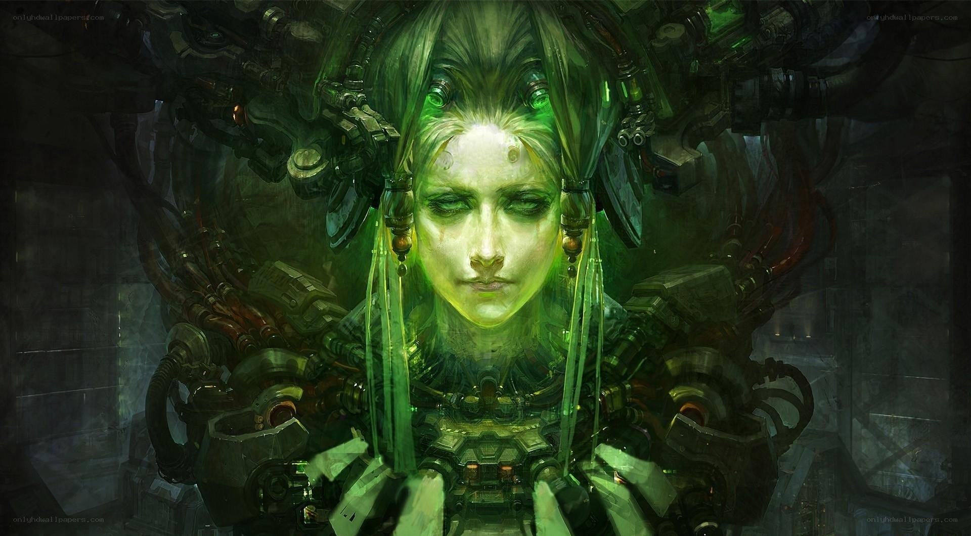cybernetic woman with green glow