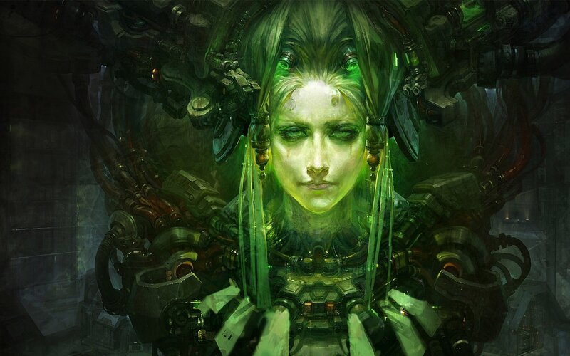 cybernetic woman with green light