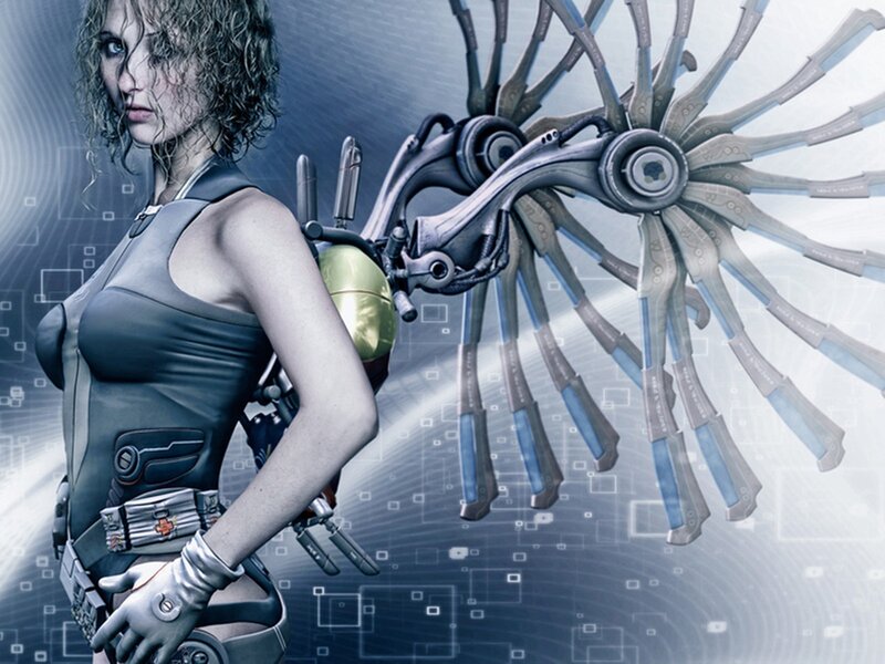 cybernetic woman with mechanical arm