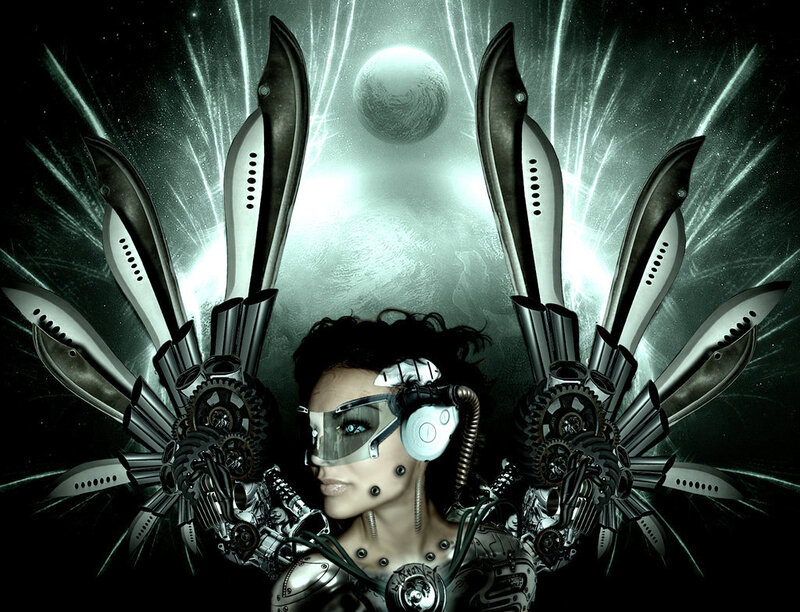 cybernetic woman with mechanical wings