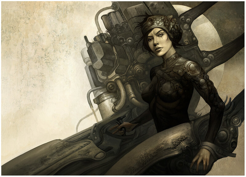 cybernetic woman with mechanical wings