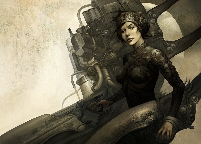 cybernetic woman with mechanical wings