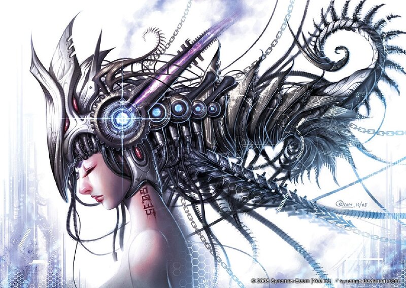 cybernetic woman with mechanical wings