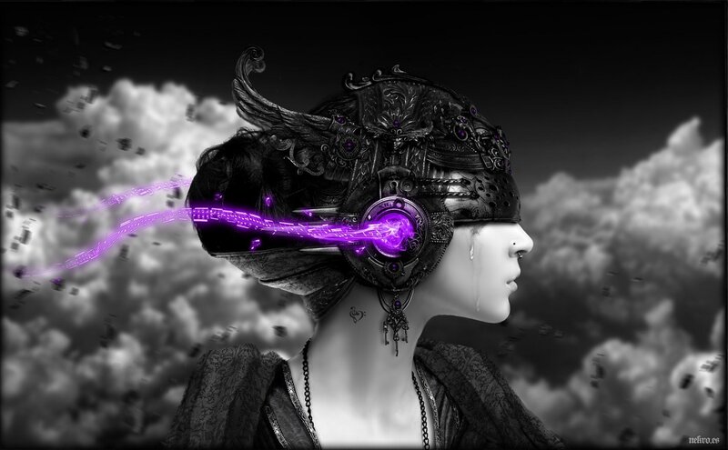 cybernetic woman with purple energy