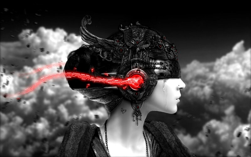 cybernetic woman with red energy