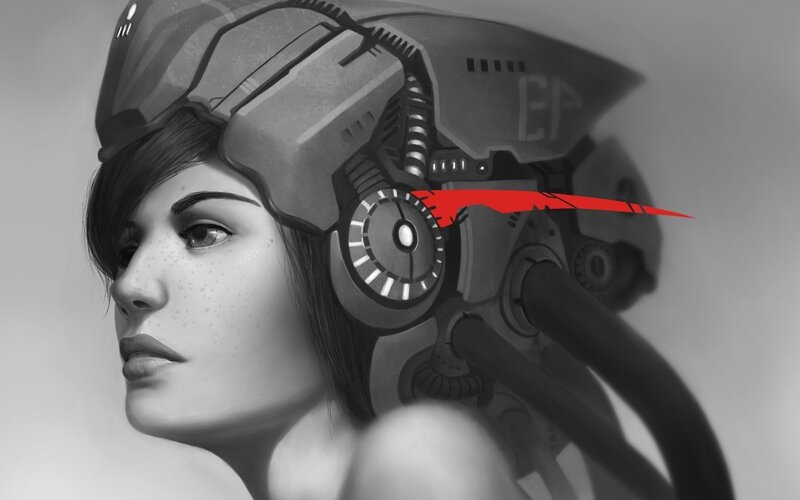 cybernetic woman with red line
