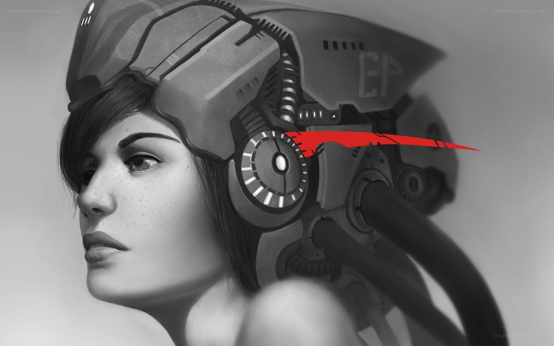 cybernetic woman with red line