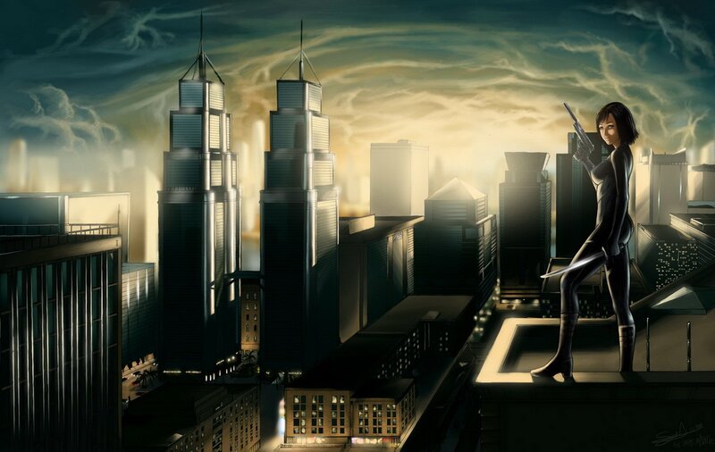 cyberpunk assassin on rooftop
