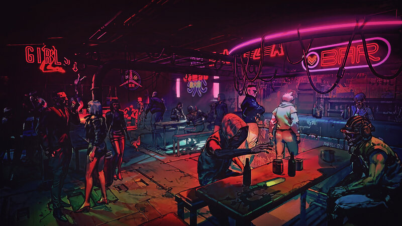 Cyberpunk Bar Scene — Purple