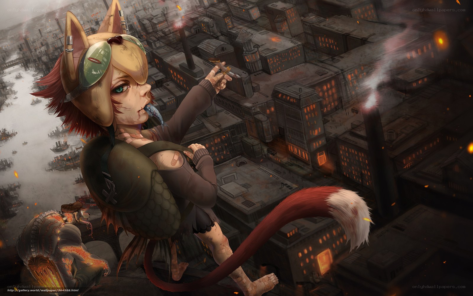 cyberpunk cat girl in ruined city