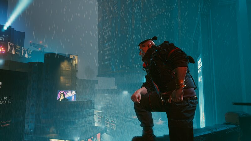 Cyberpunk Character in Rain — Blue