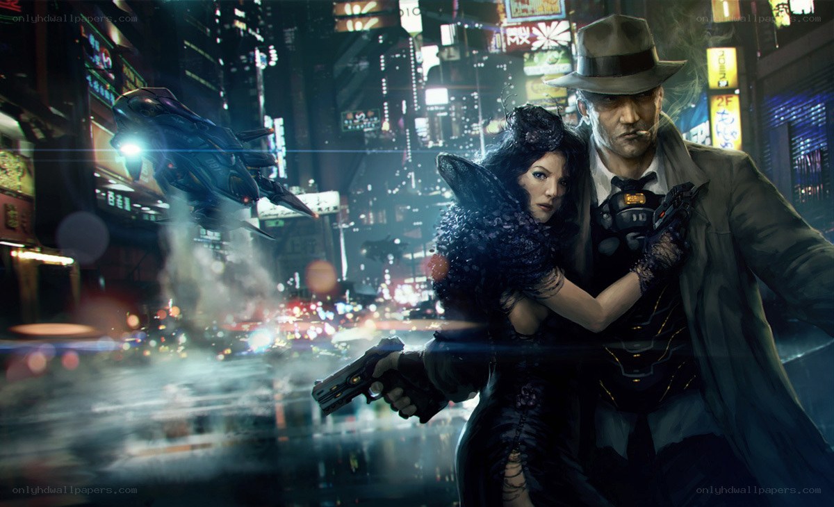 cyberpunk city action scene