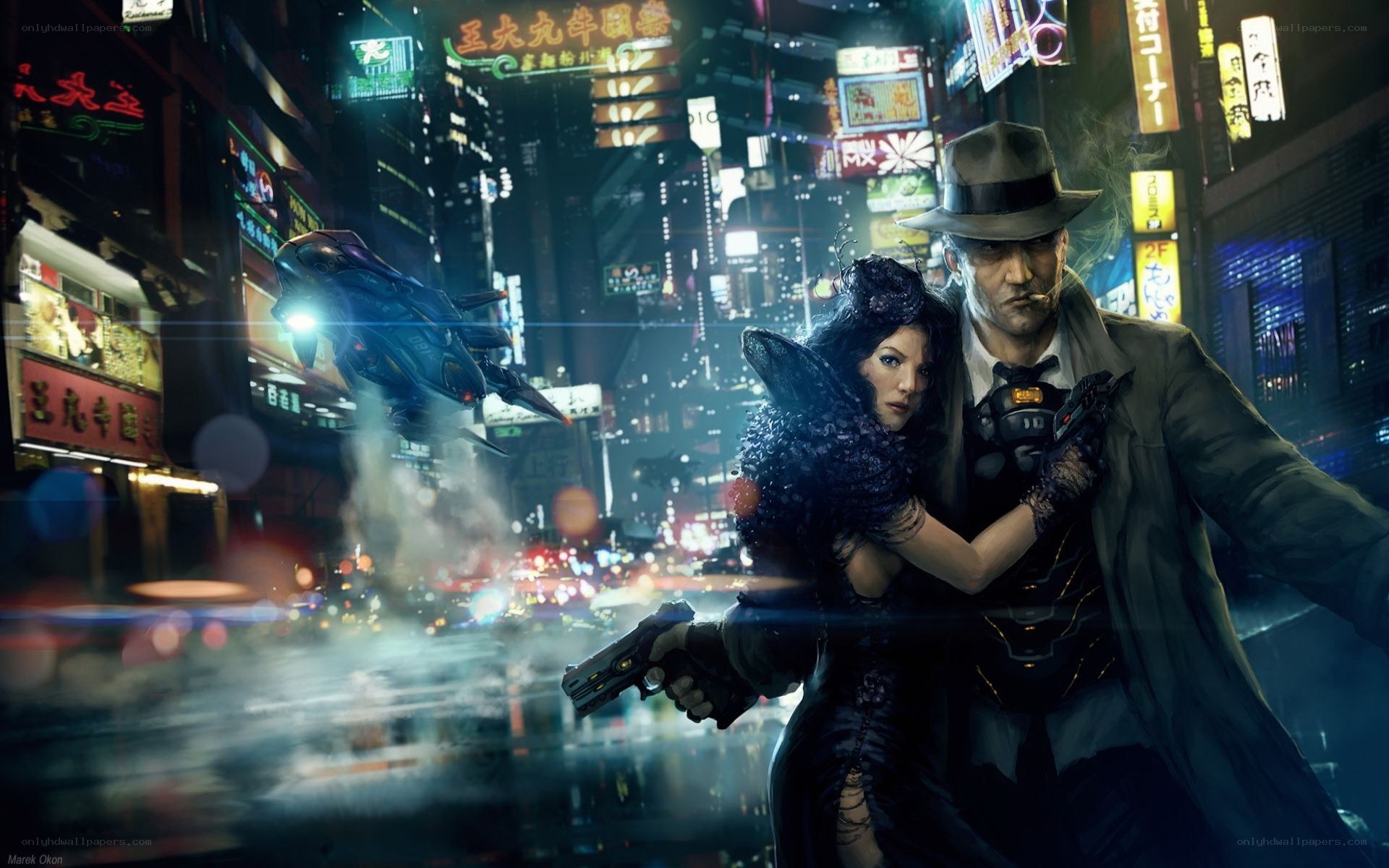 cyberpunk city action scene