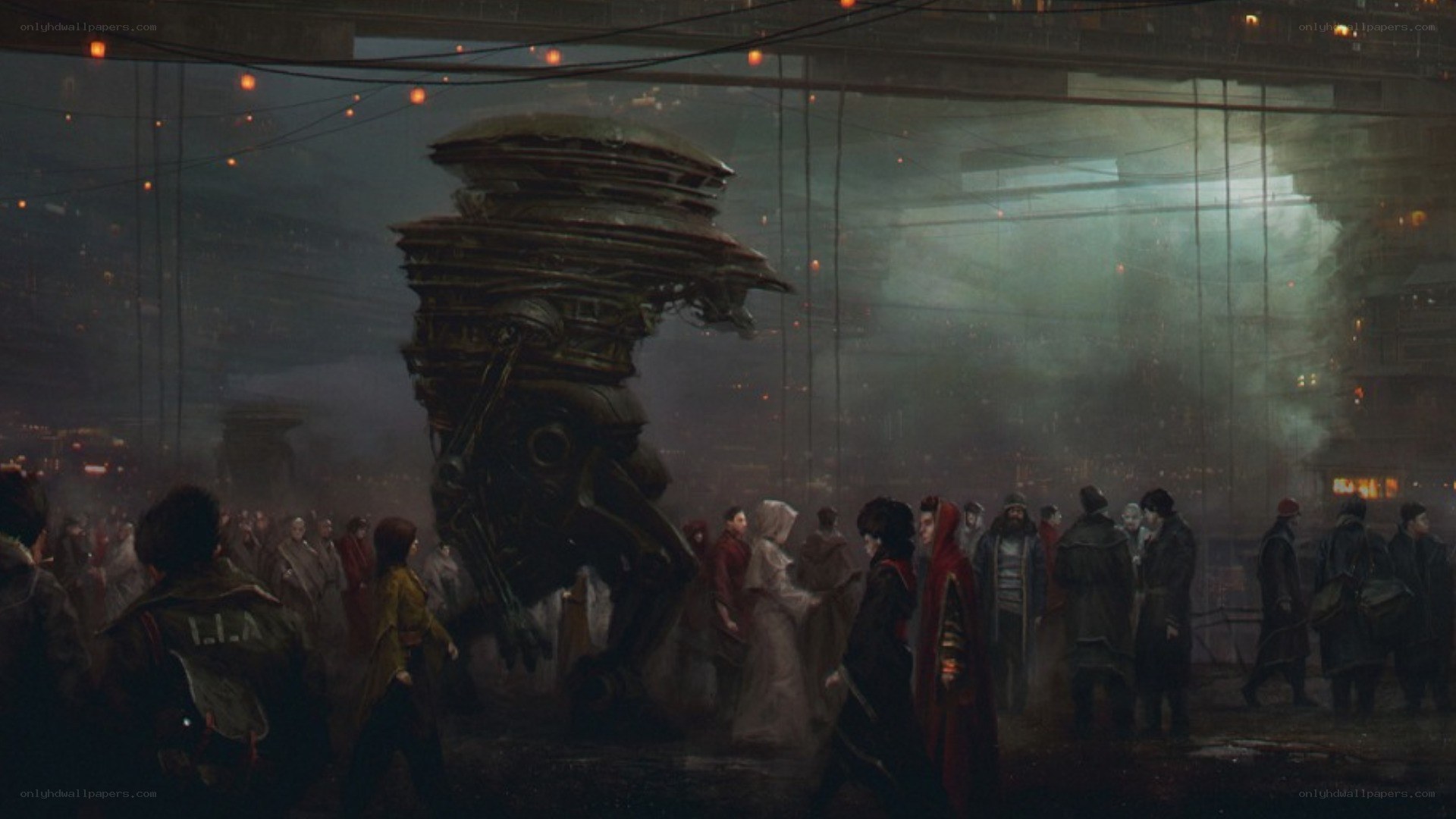 Cyberpunk city crowd scene