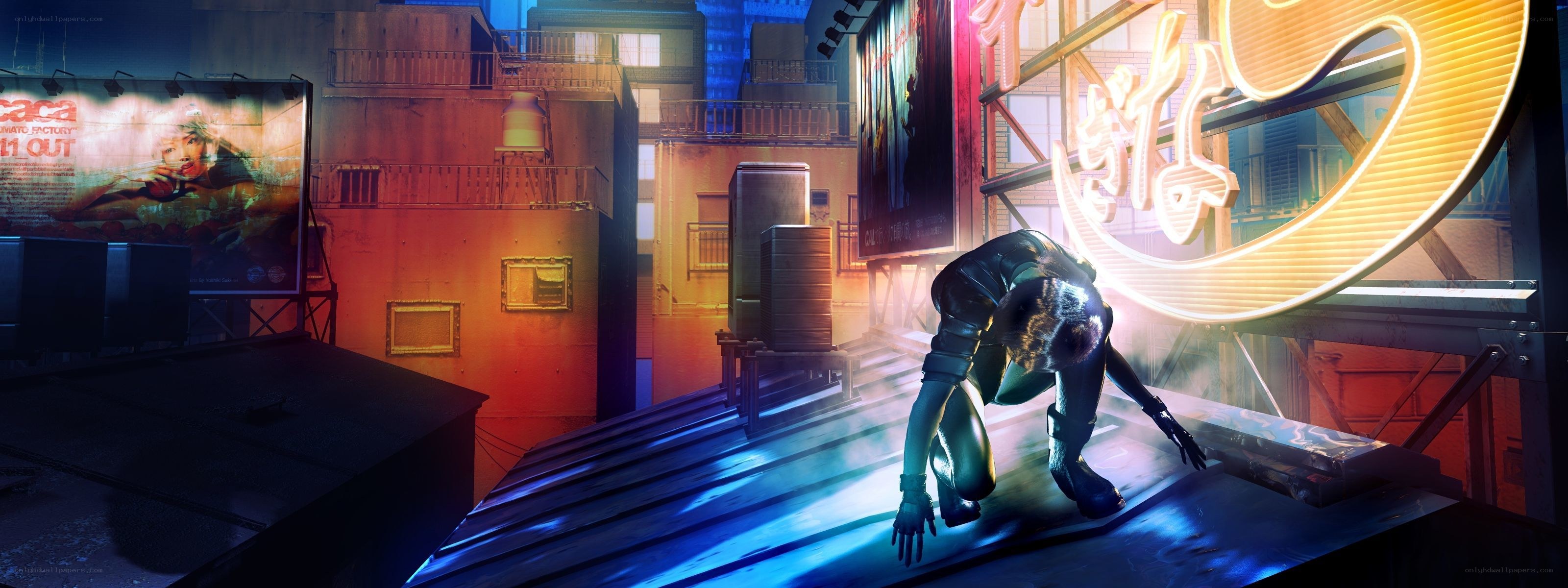 Cyberpunk city rooftop scene