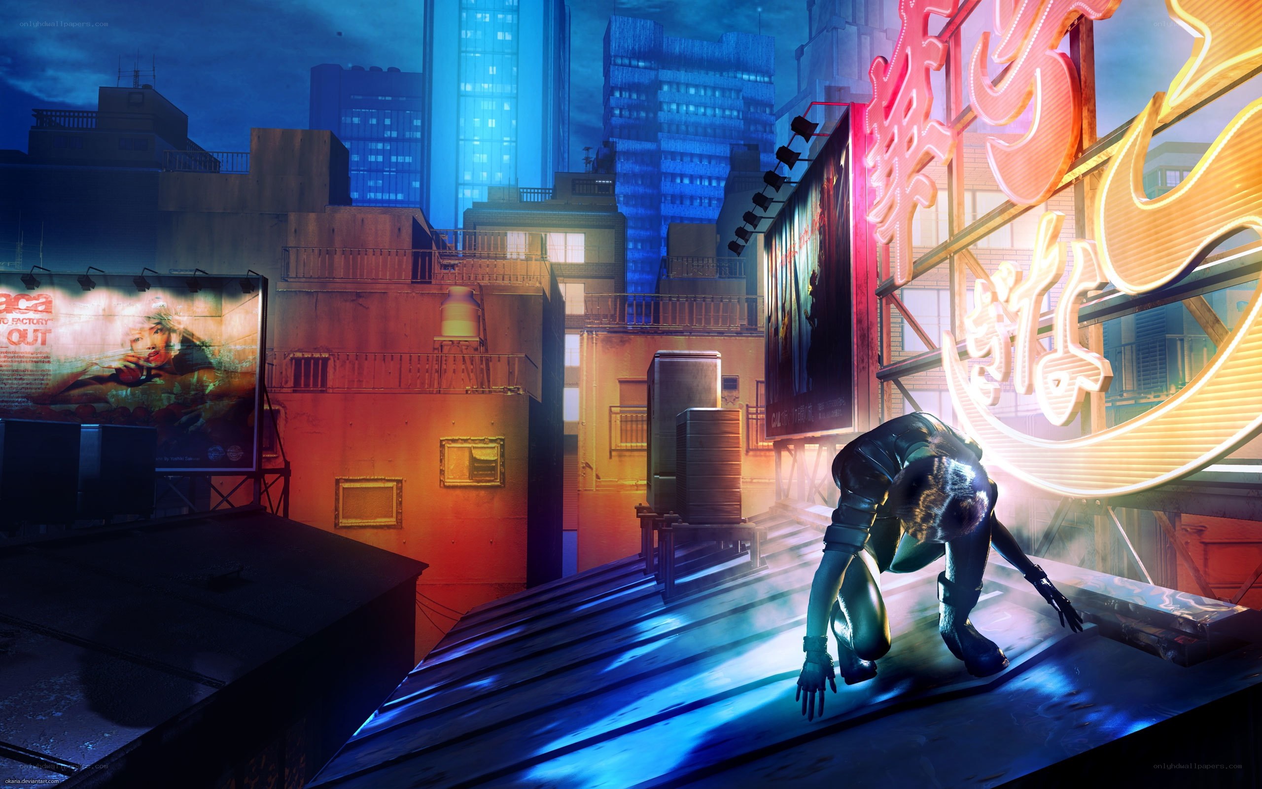 cyberpunk city rooftop scene