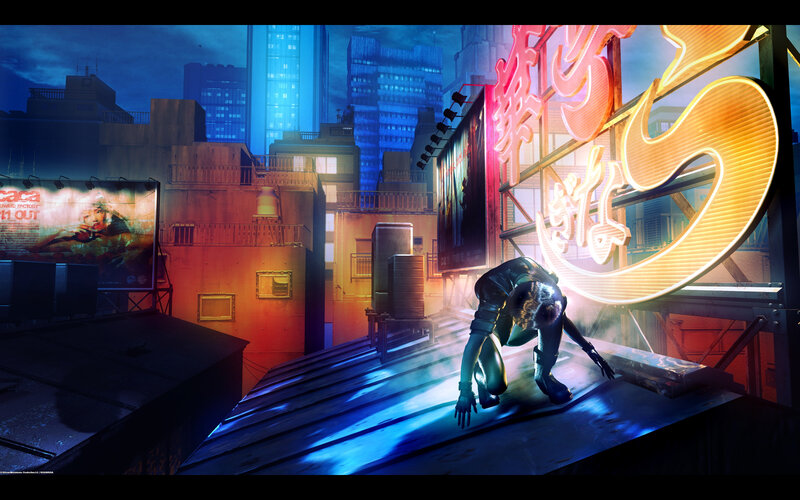 Cyberpunk city rooftop scene