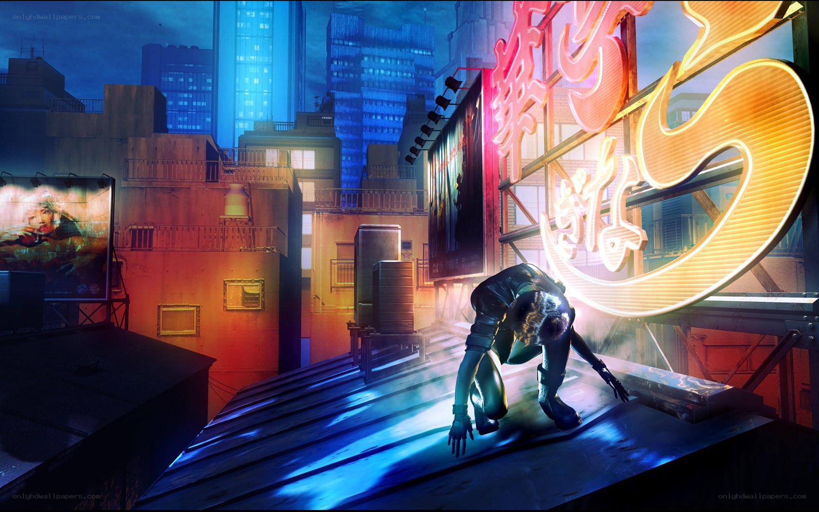 Cyberpunk city rooftop scene