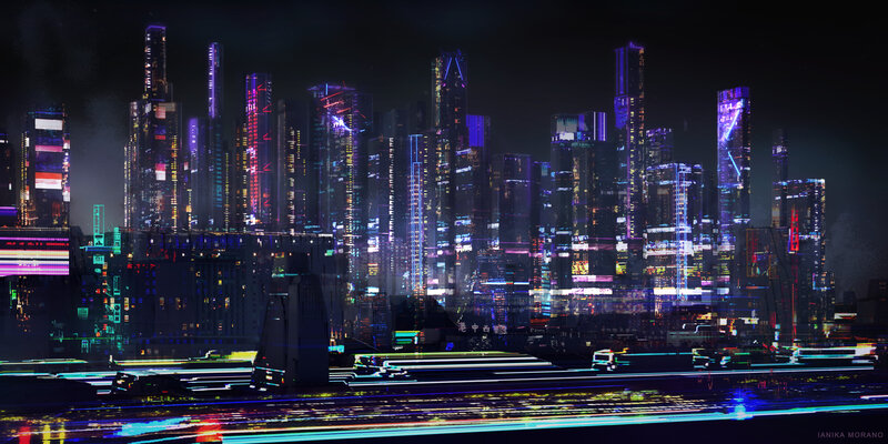 Cyberpunk City Skyline — Purple, Dramatic