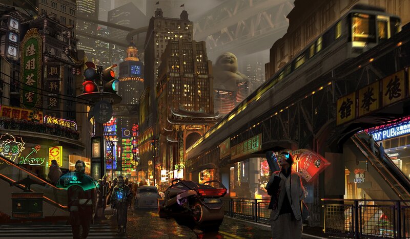 Cyberpunk City Street — Black, Dramatic