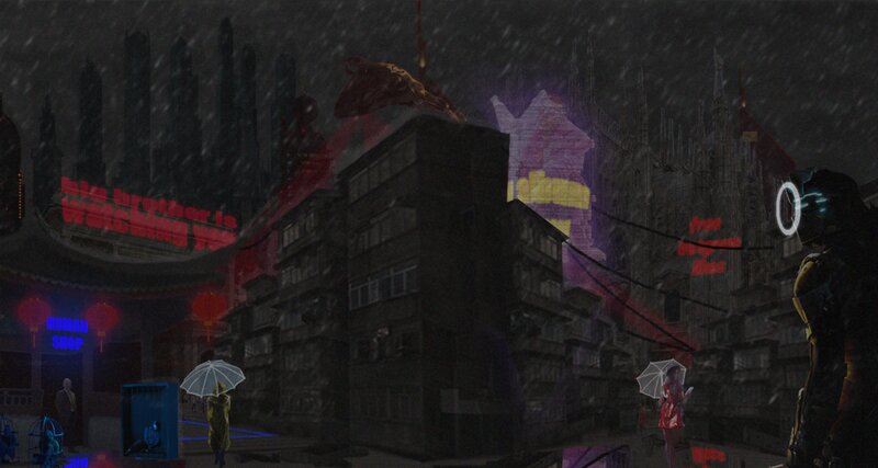 Cyberpunk City Street — Black, Dystopian