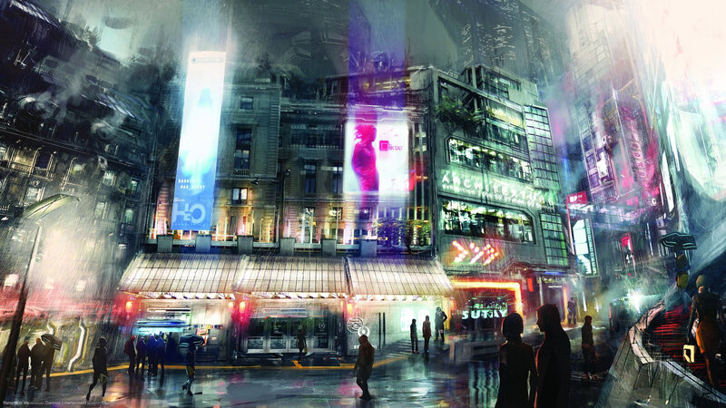 Cyberpunk City Street — Blue, Dramatic, Night, Digital Art, Neon Signs