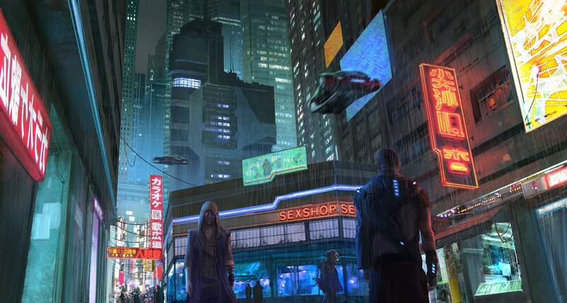 Cyberpunk City Street — Blue, Dramatic, Night, Digital Art