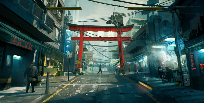 Cyberpunk City Street — Blue, Dystopian, Afternoon