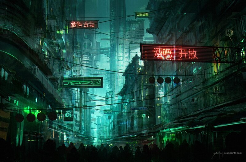 Cyberpunk City Street — Green