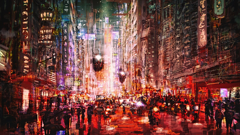Cyberpunk City Street — Red, Dramatic, Night