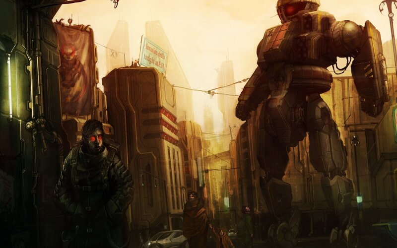 cyberpunk city street scene