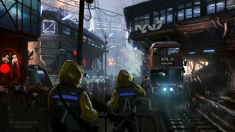 Cyberpunk city street scene