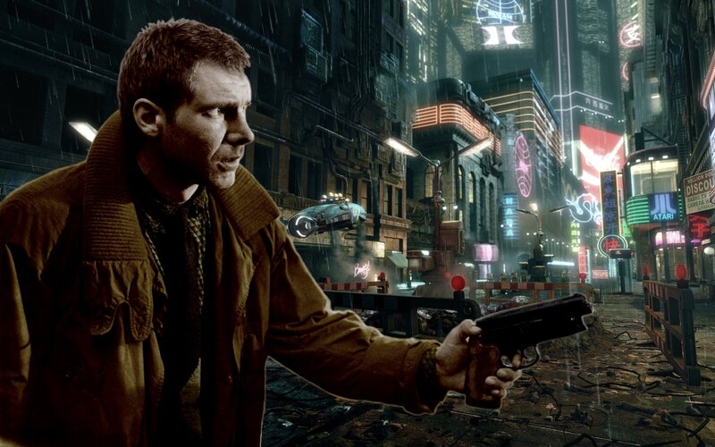cyberpunk city street scene