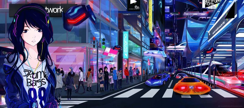 cyberpunk city street scene