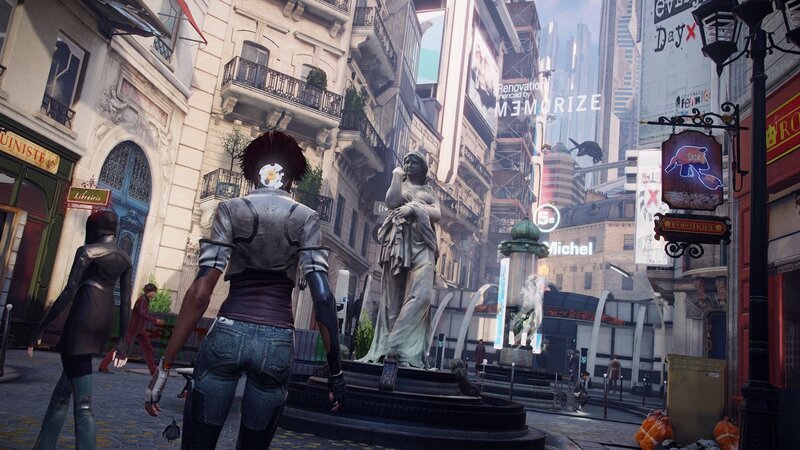 cyberpunk city street scene