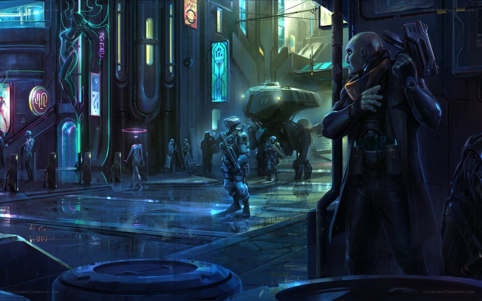 cyberpunk city street scene