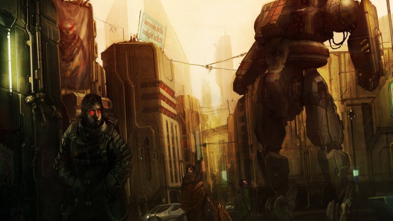 cyberpunk city street scene