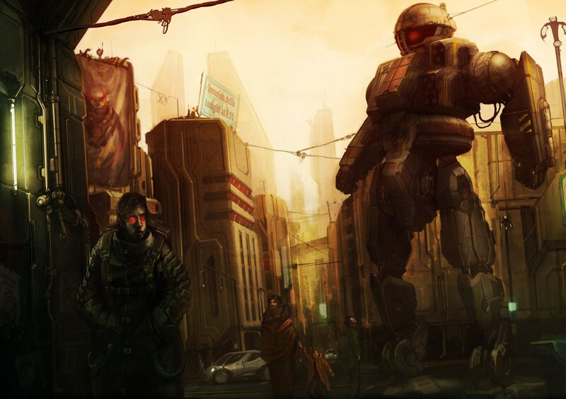 Cyberpunk city street scene