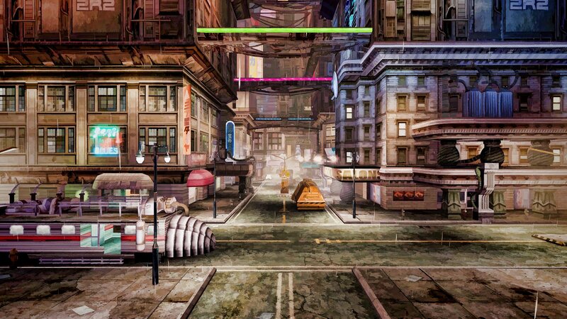 cyberpunk city street scene