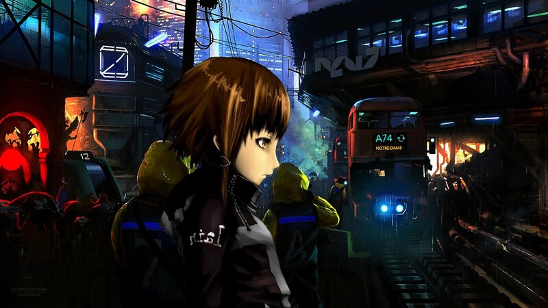 cyberpunk city street scene