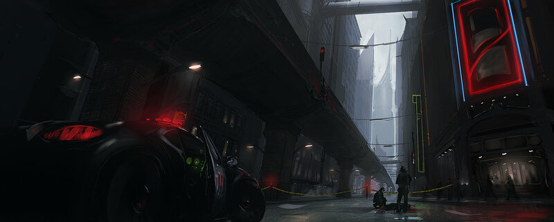 cyberpunk city street scene